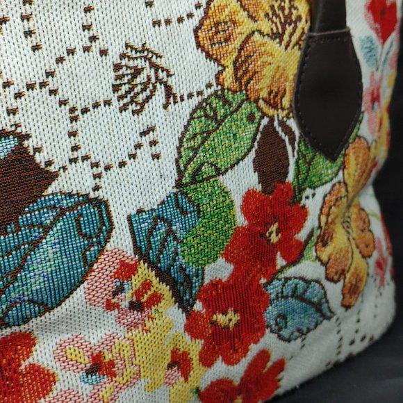 Sander Bags & More Vtg Red Floral Tapestry Tote Bag/Purse Brown Leather Handles - Picture 5 of 7